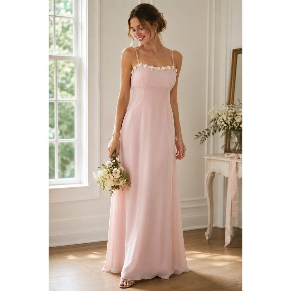 Vintage Jim Hjelm Blush Pink Rosette Trim Chiffon Maxi Gown Bridal Formal Size 4